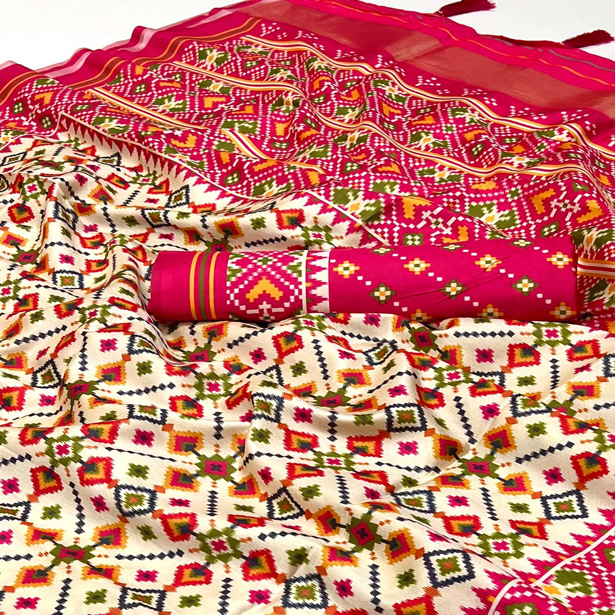 Off White Patola Printed Tussar Silk Saree With Tassels