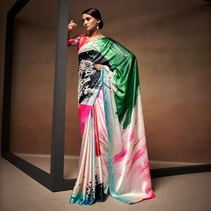 White Digital Printed Satin Saree