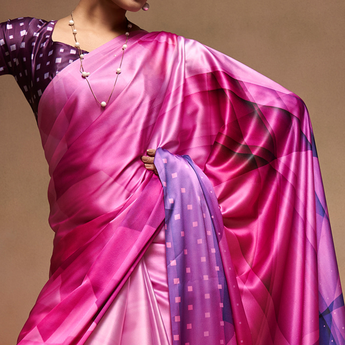 Pink Digital Printed Satin Saree