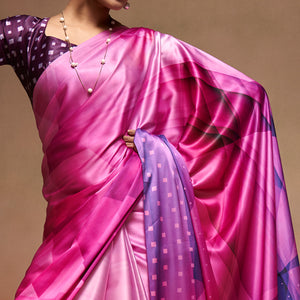 Pink Digital Printed Satin Saree