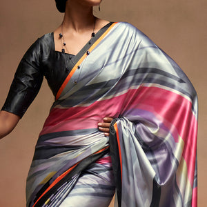 Grey Digital Printed Satin Saree