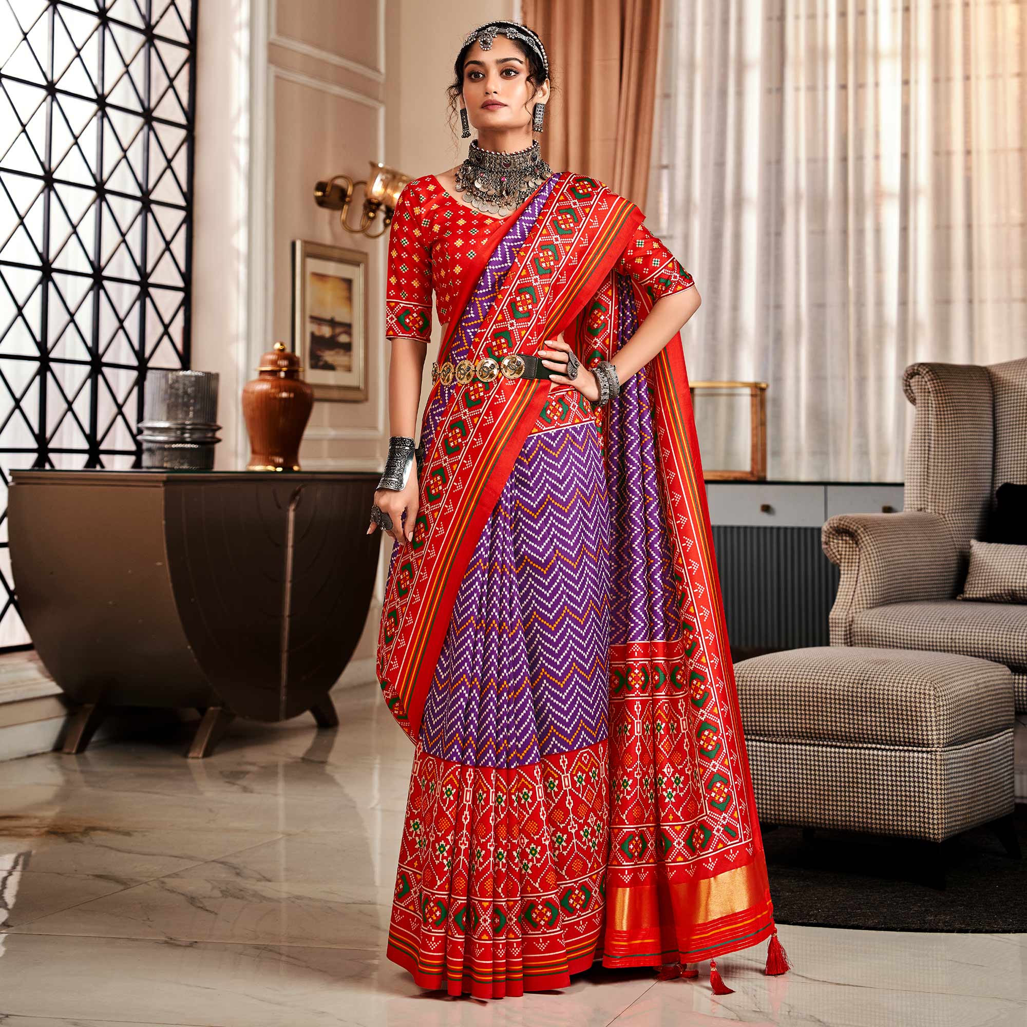 Purple & Red Patola Printed Tussar Silk Saree