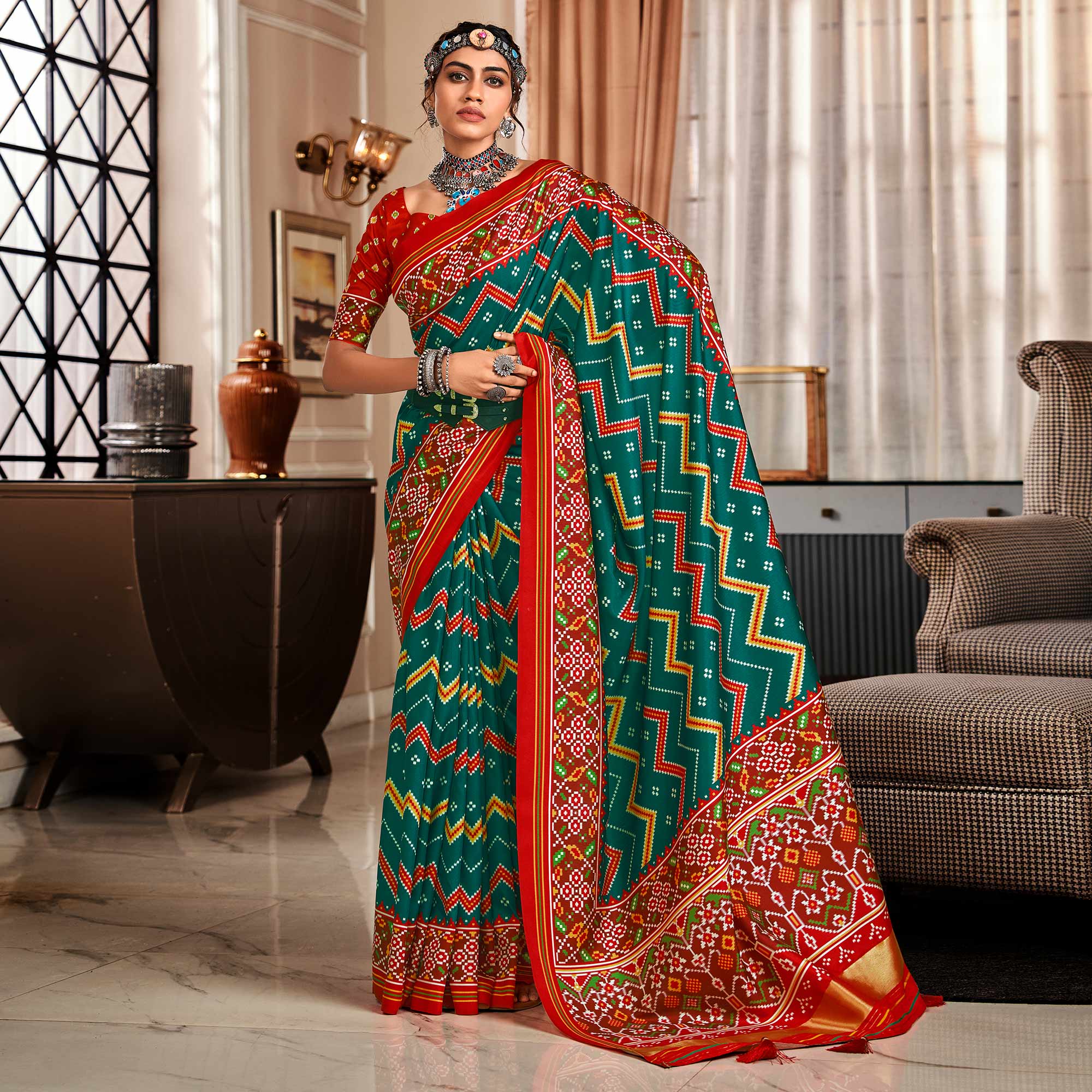 Rama Green & Red Patola Printed Tussar Silk Saree