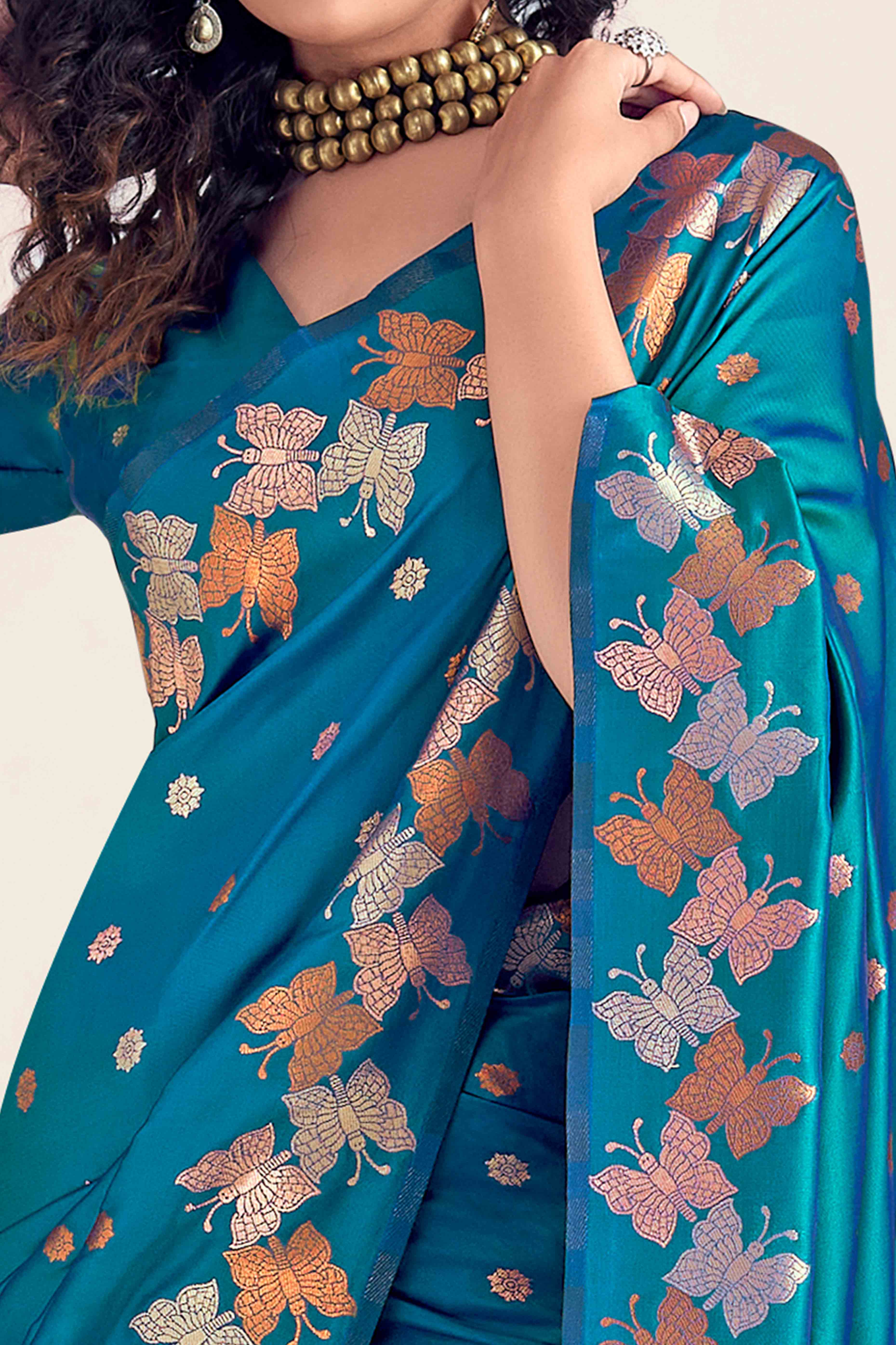 Morpich Blue Banarasi Silk Saree With Zari Woven Floral & Butterfly Motifs