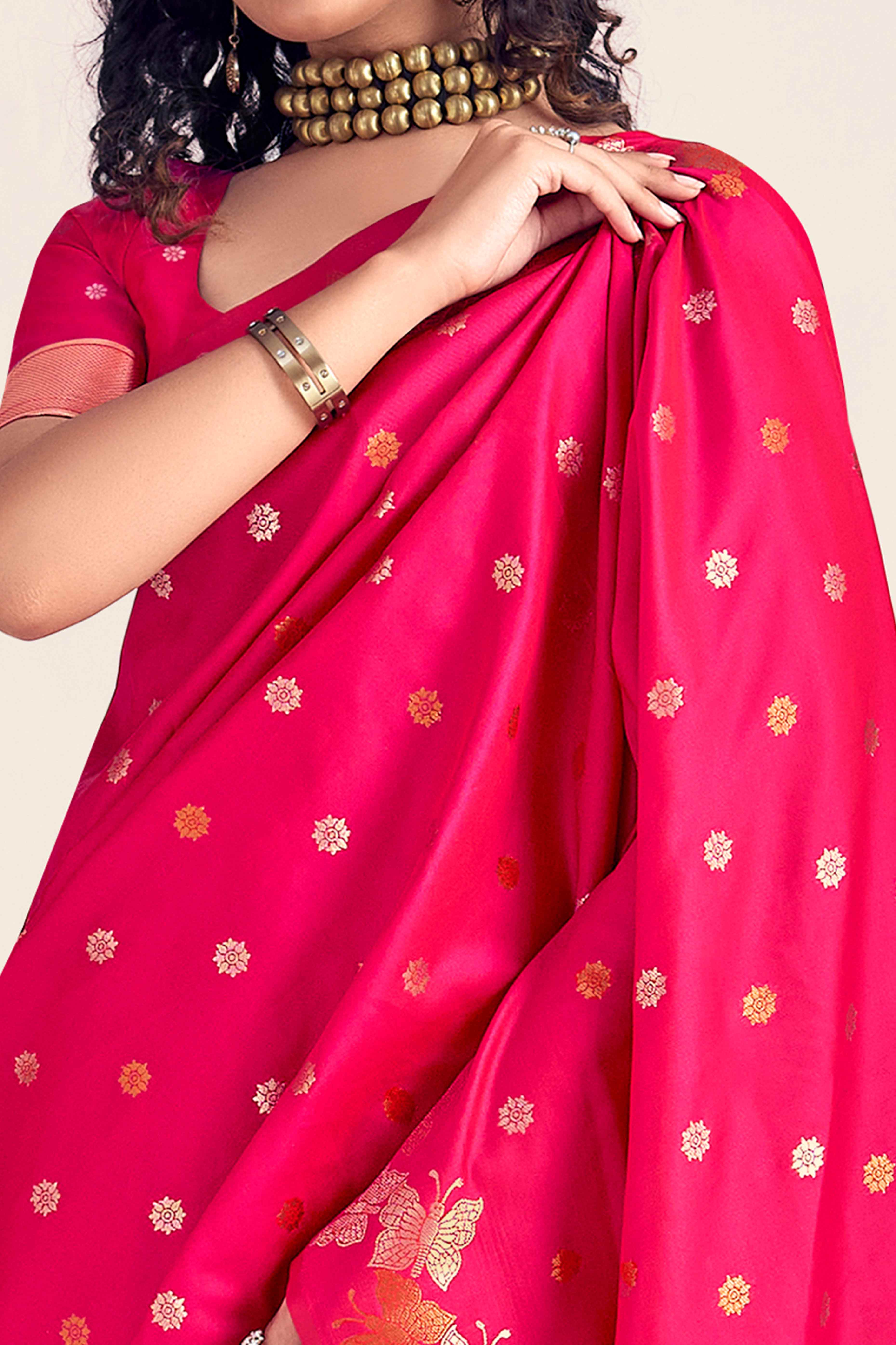 Pink Banarasi Silk Saree With Zari Woven Floral & Butterfly Motifs