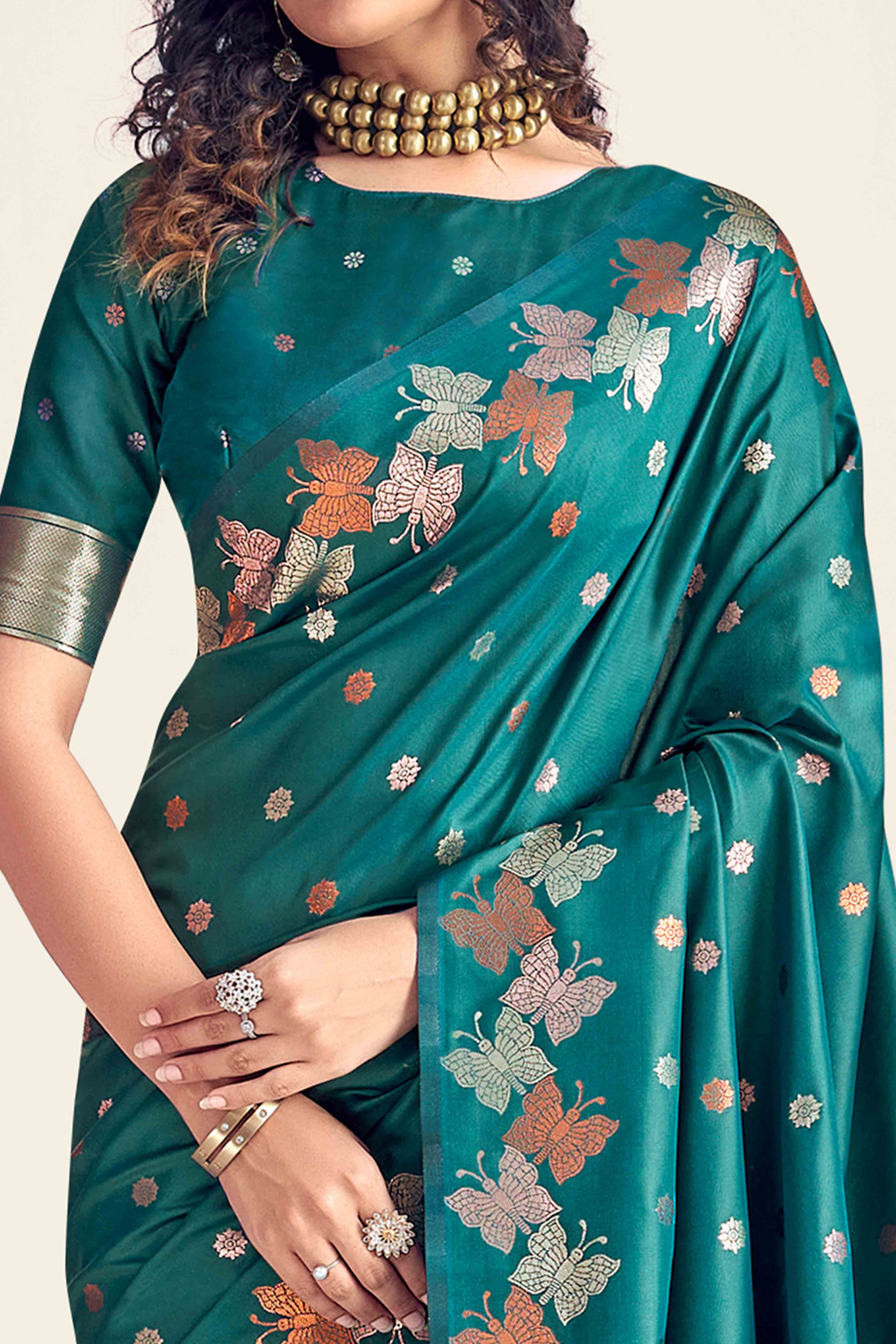 Teal Banarasi Silk Saree With Zari Woven Floral & Butterfly Motifs