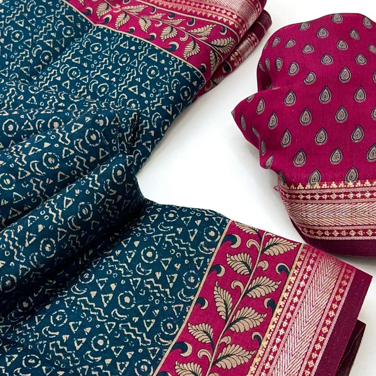Pure Mulmul Cotton Saree in Teal with Heritage Block Prints and Zari Detailing