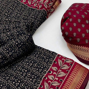 Pure Mulmul Cotton Saree in Black with Heritage Block Prints and Zari Detailing