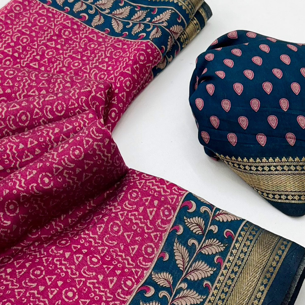 Pure Mulmul Cotton Saree in Pink with Heritage Block Prints and Zari Detailing