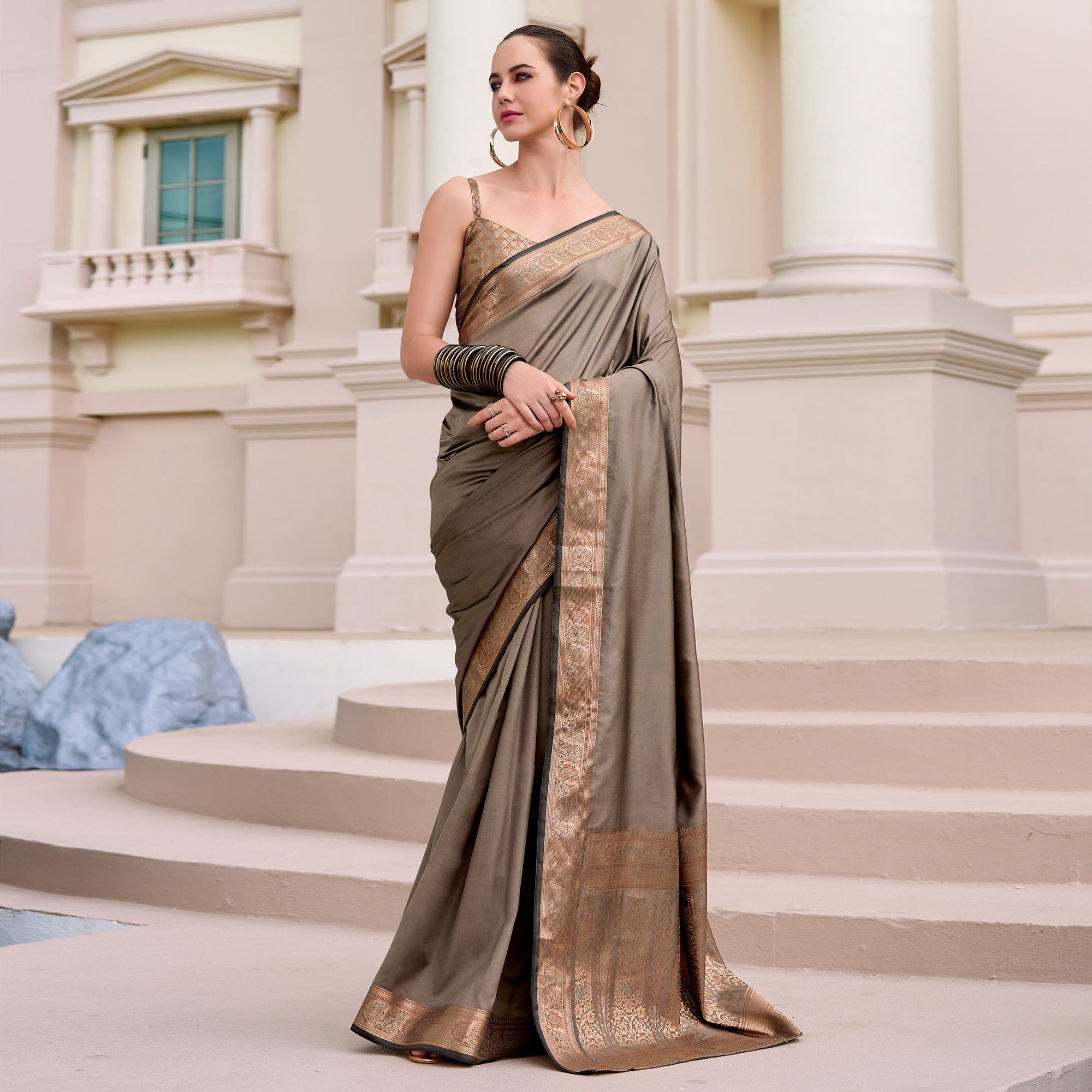 Taupe Brown Woven Banarasi Silk Saree With Zari Border