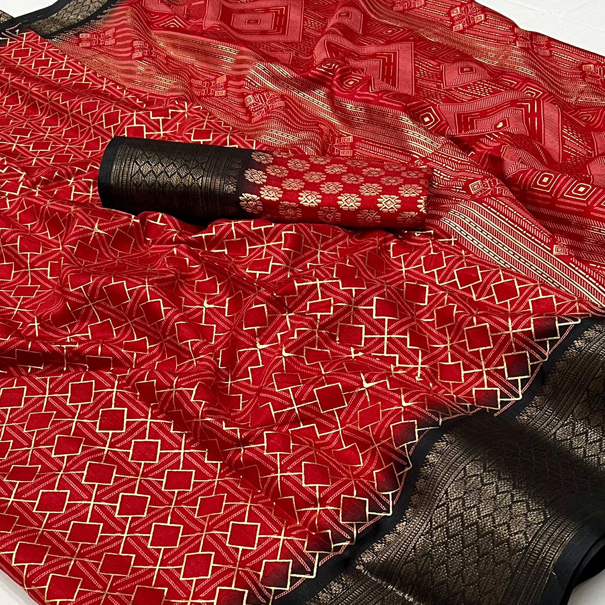 Red Foil Printed Dola Silk Saree