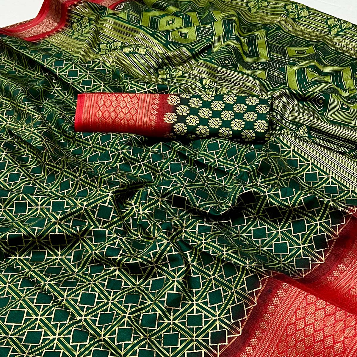 Green Foil Printed Dola Silk Saree