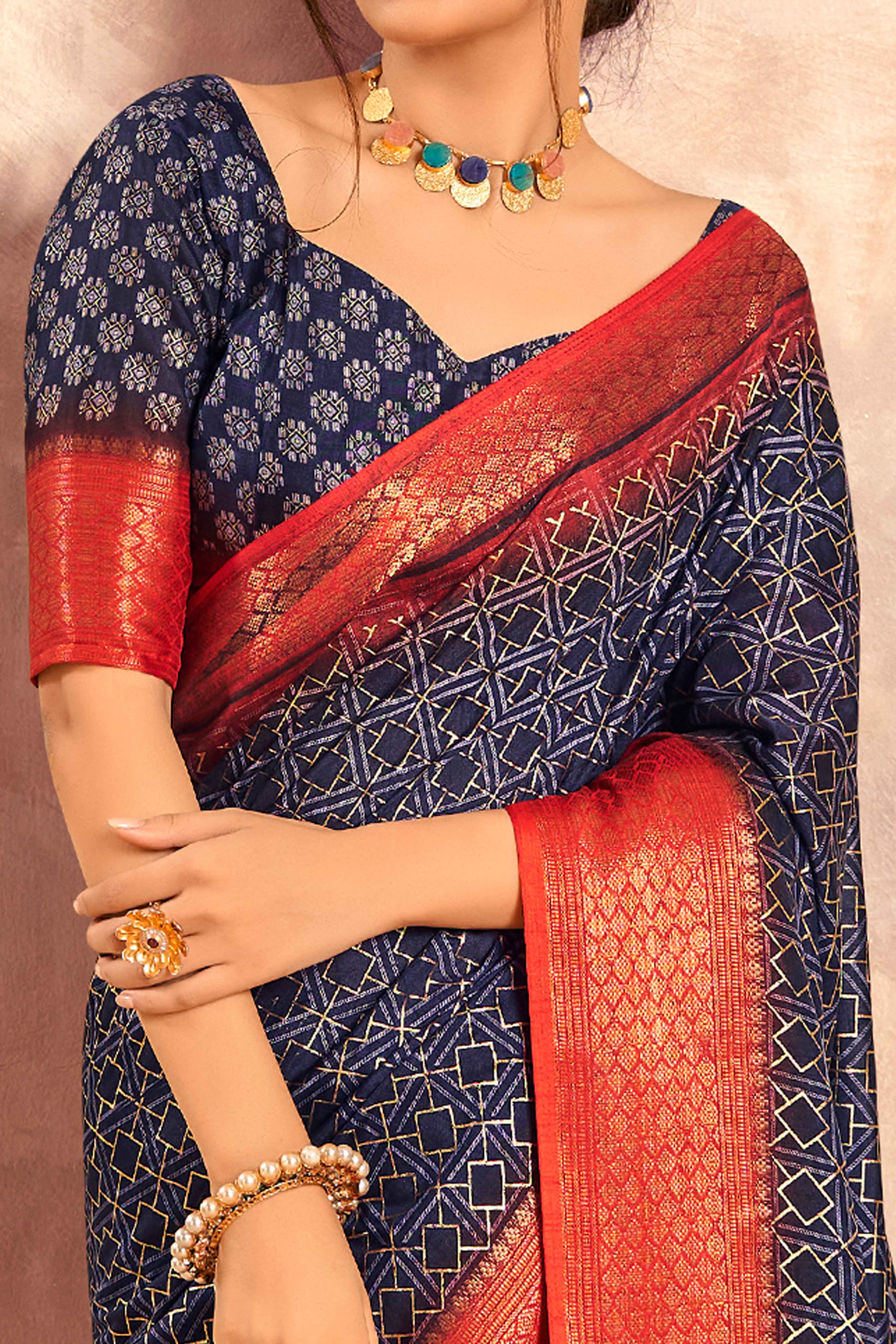 Navy Blue Geometric Foil Printed Dola Silk Saree With Woven Border