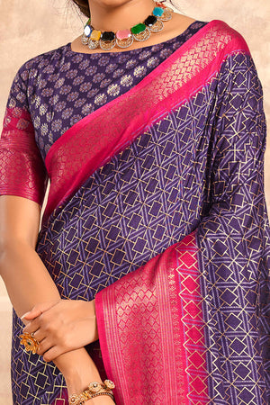 Violet Geometric Foil Printed Dola Silk Saree With Woven Border