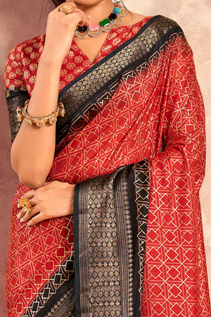 Red Geometric Foil Printed Dola Silk Saree With Woven Border