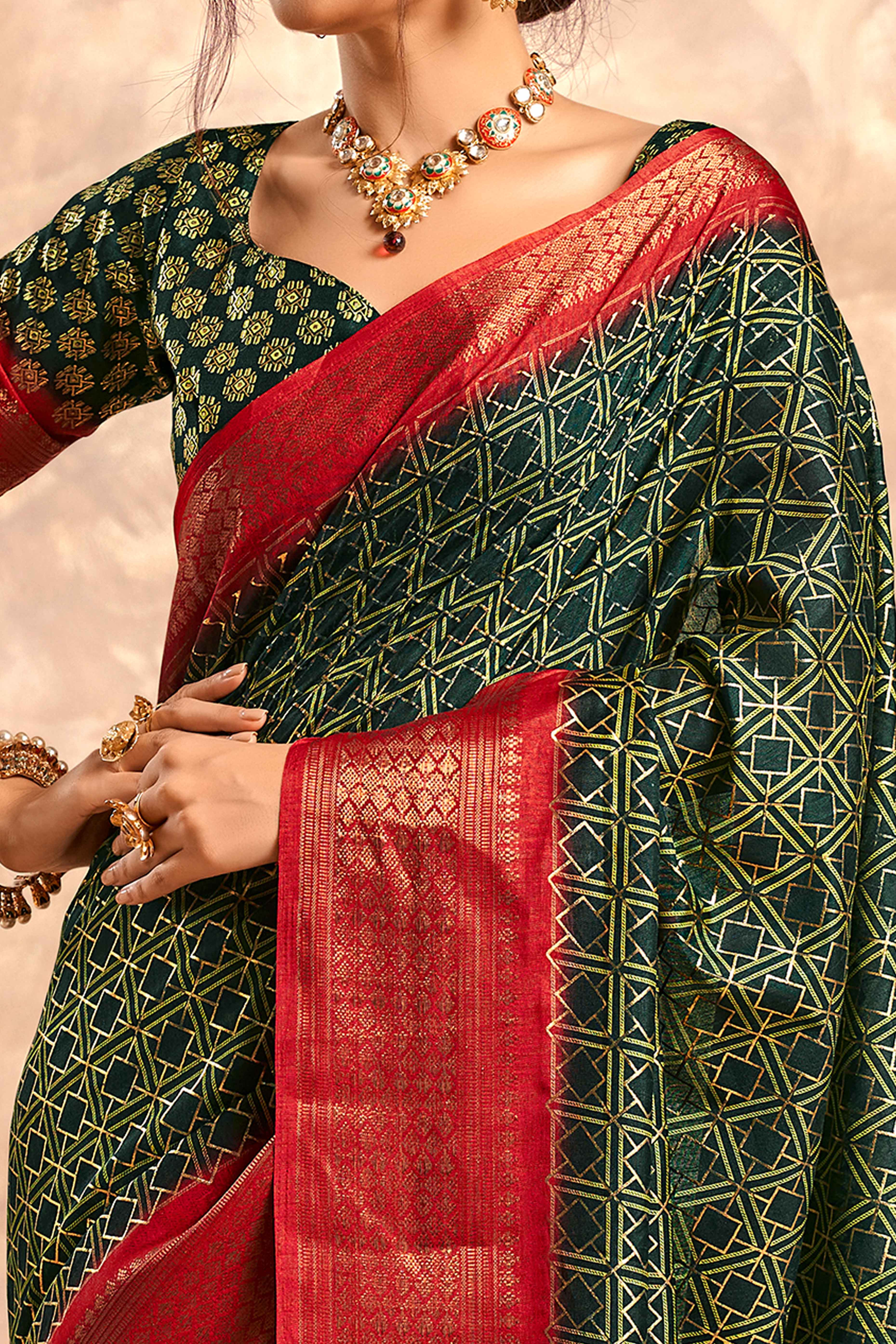 Green Geometric Foil Printed Dola Silk Saree With Woven Border