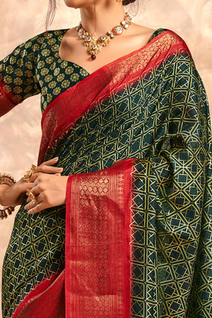 Green Geometric Foil Printed Dola Silk Saree With Woven Border