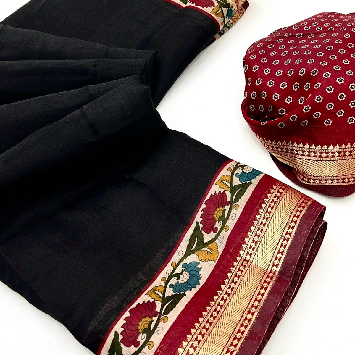 Black Soft Mul Cotton Saree with Kalamkari Pallu & Zari border