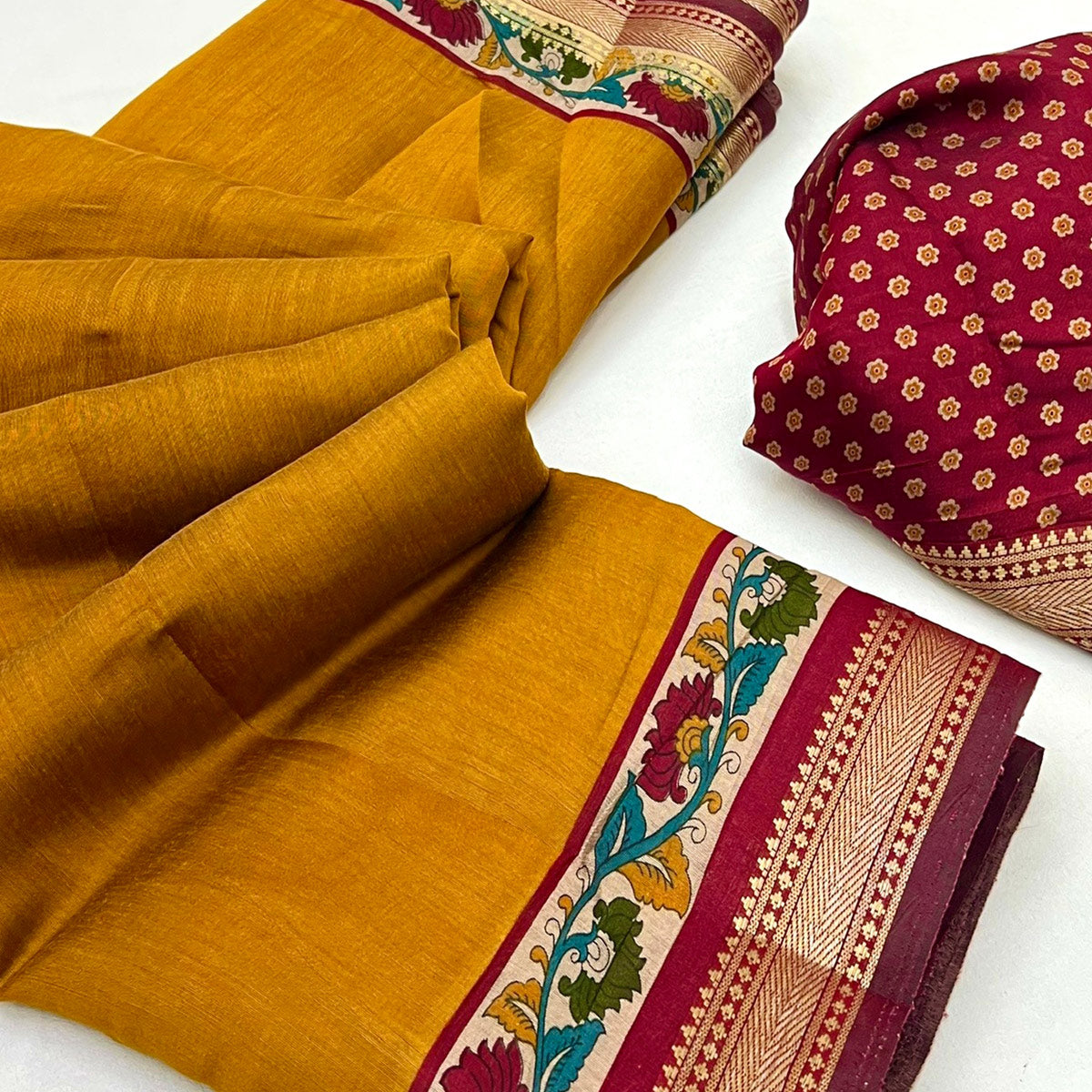 Mustard Soft Mul Cotton Saree with Kalamkari Pallu & Zari border