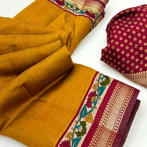 Mustard Soft Mul Cotton Saree with Kalamkari Pallu & Zari border