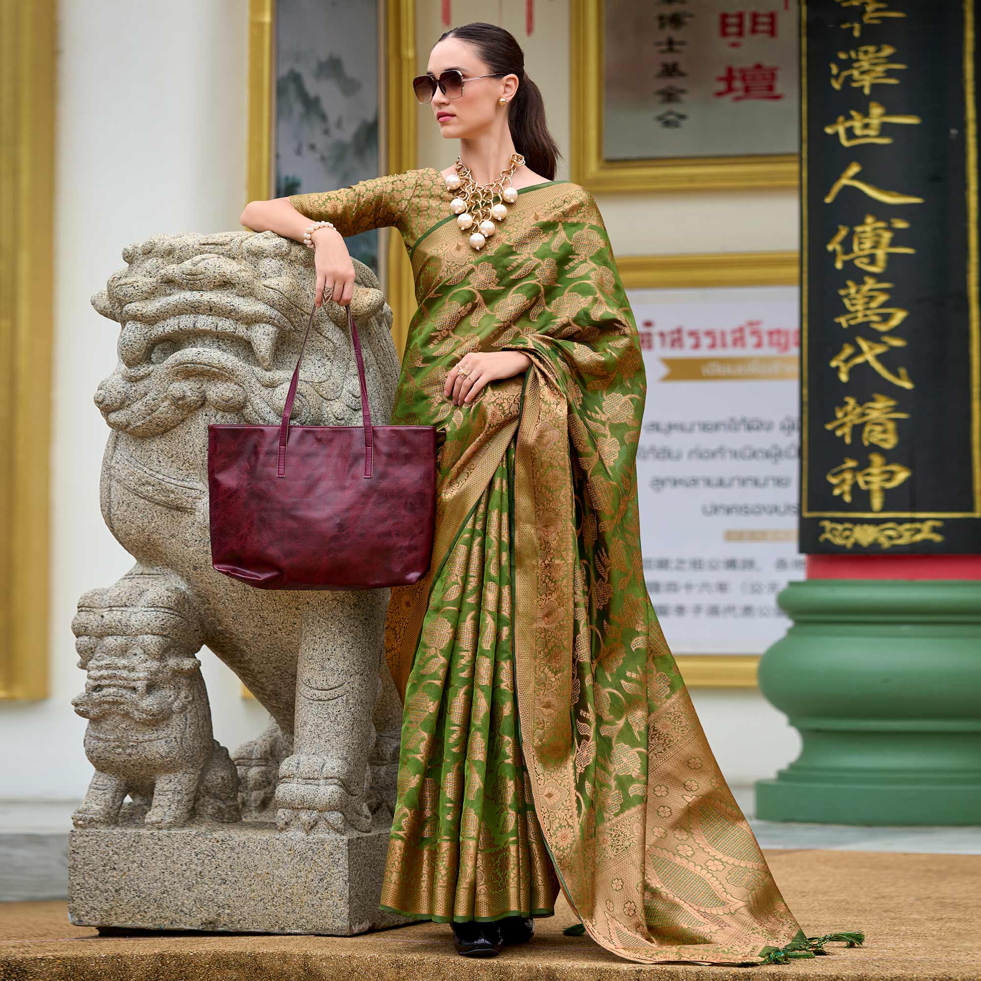 Mehandi Green Floral Motifs Woven Organza Saree