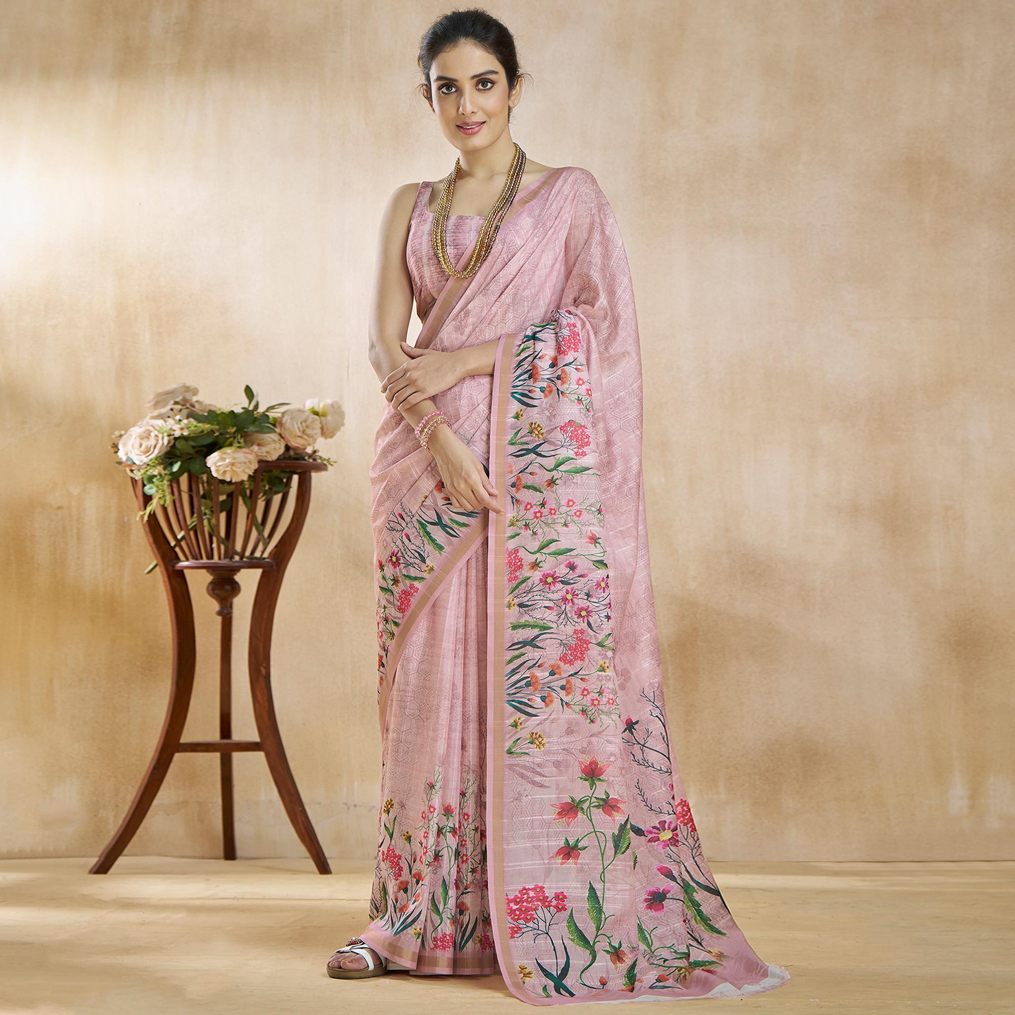 Onion Pink Floral Digital Printed Pure Silk Saree