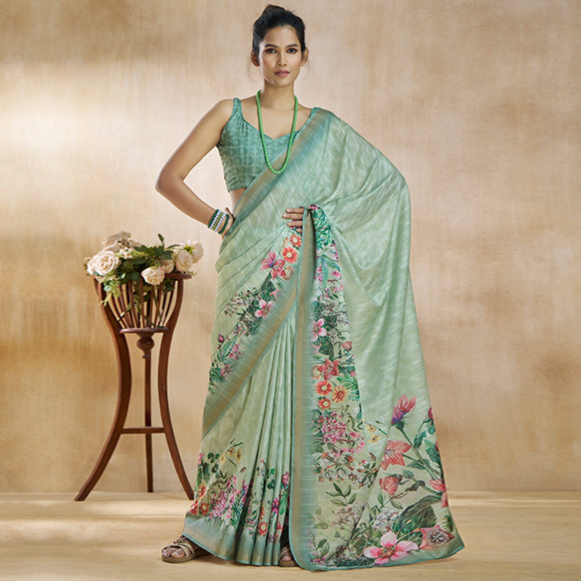 Sea Green Floral Digital Printed Pure Silk Saree