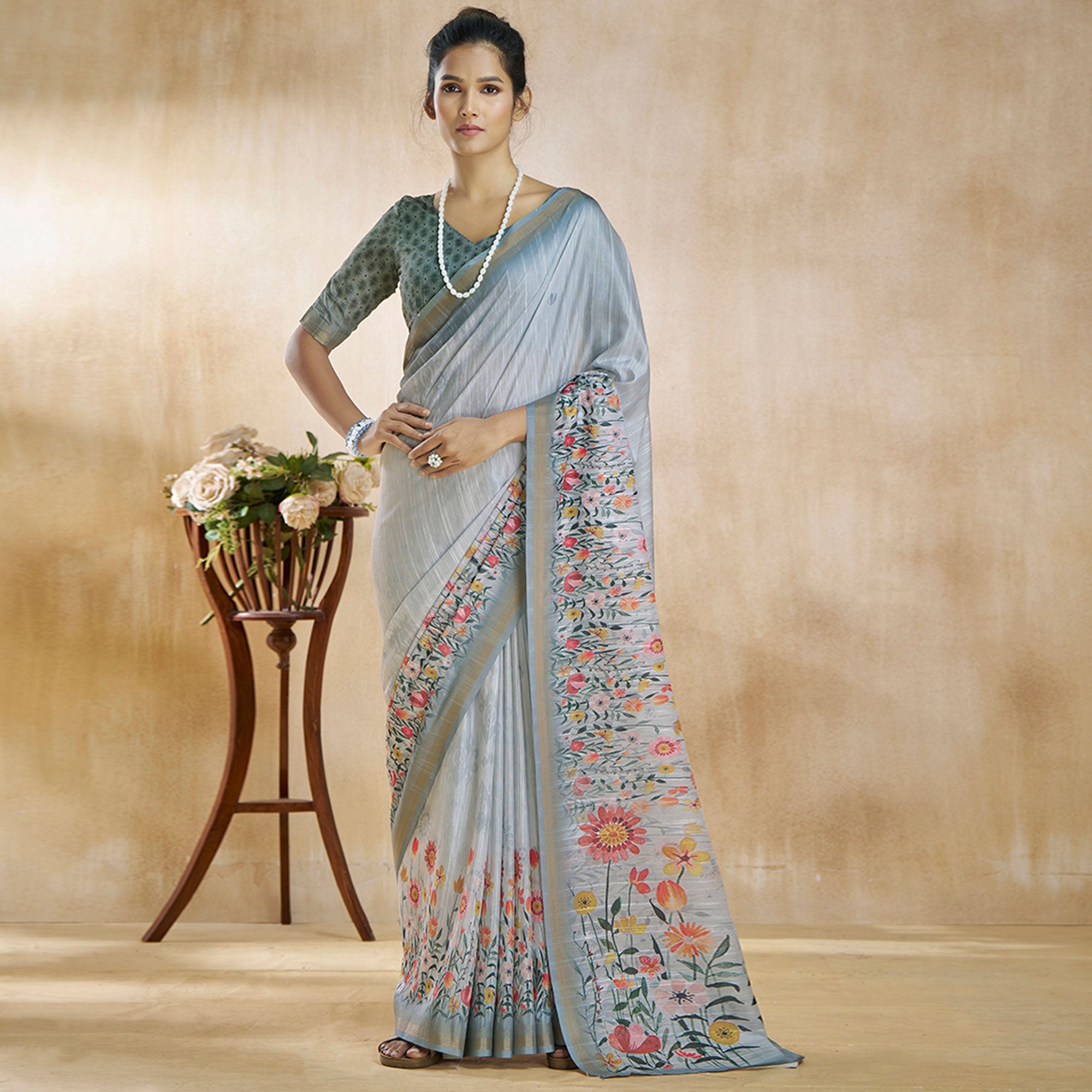 Grey Floral Digital Printed Pure Silk Saree