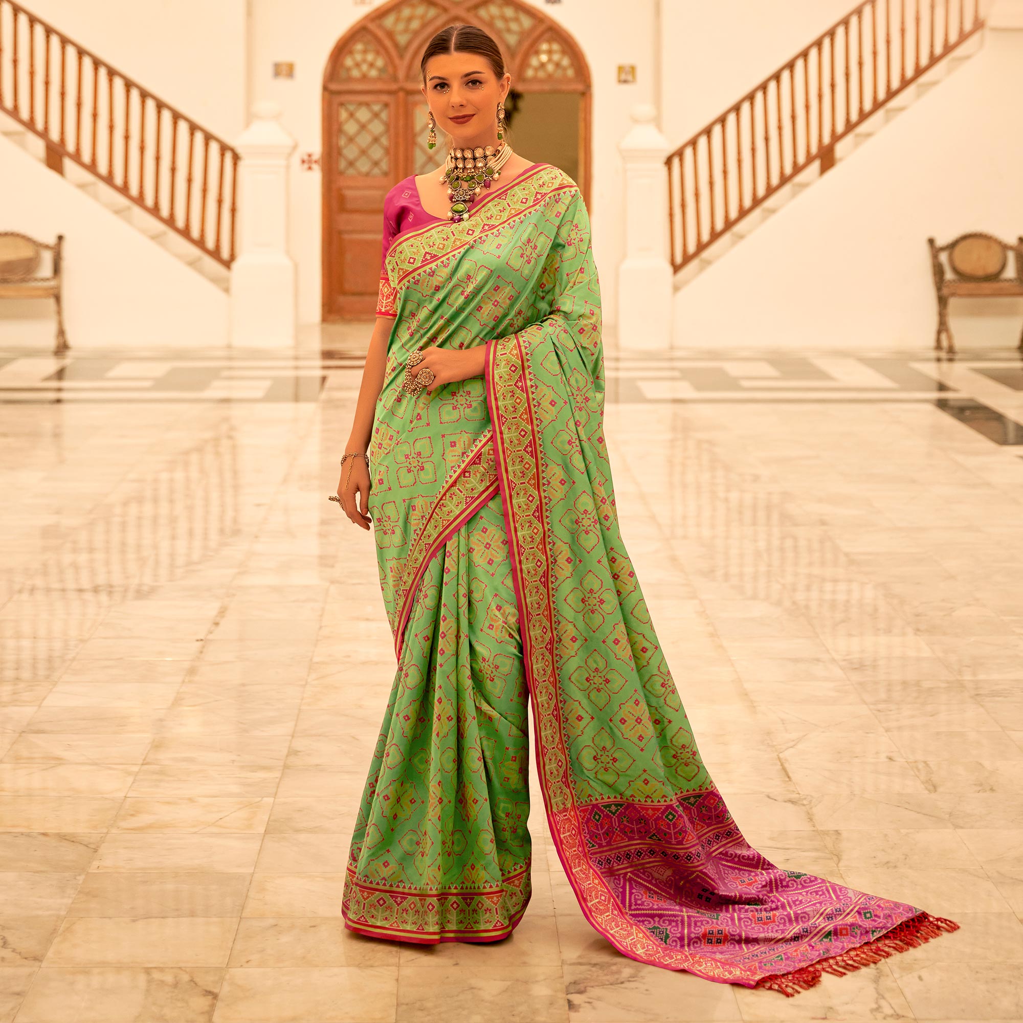 Green Patola Printed Banarasi Silk Saree With Tassels