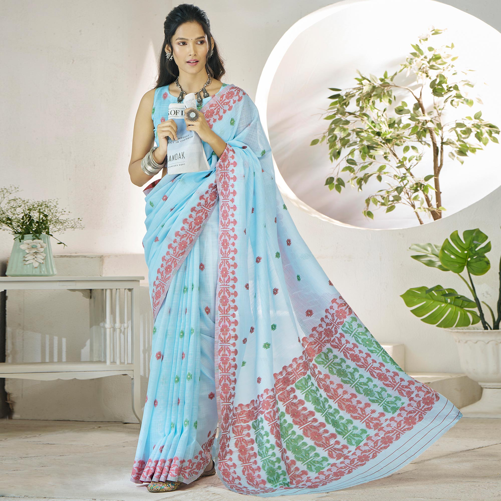 Blue Floral Woven Cotton Silk Saree