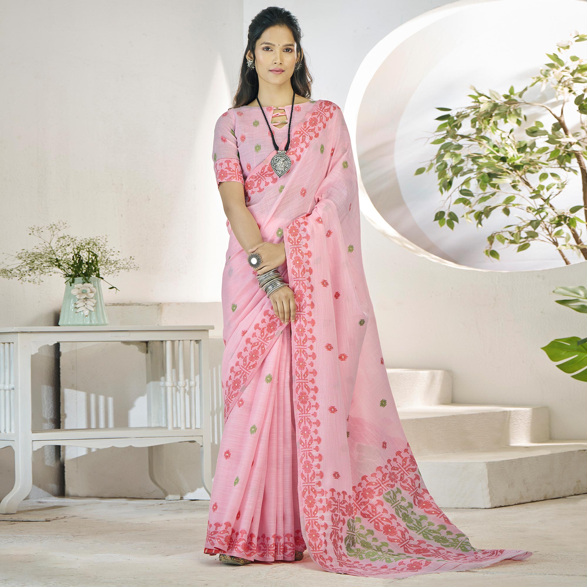 Pink Floral Woven Cotton Silk Saree