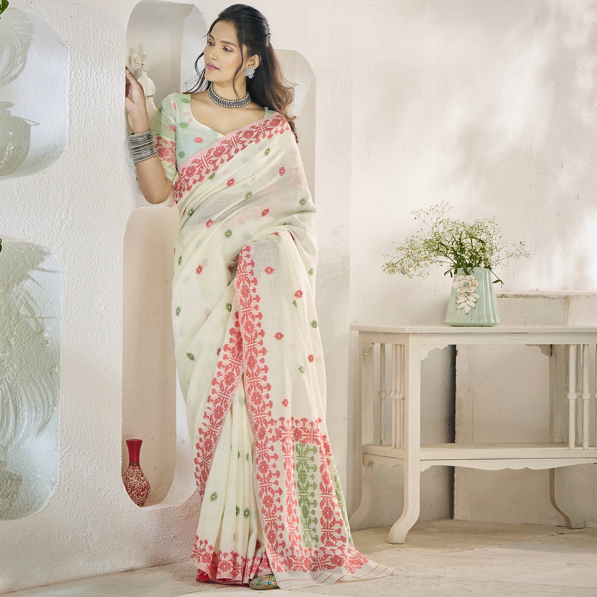 Off White Floral Woven Cotton Silk Saree