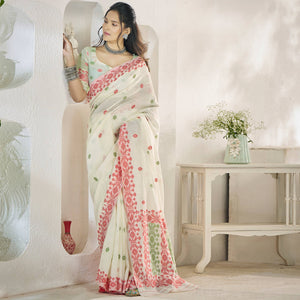 Off White Floral Woven Cotton Silk Saree