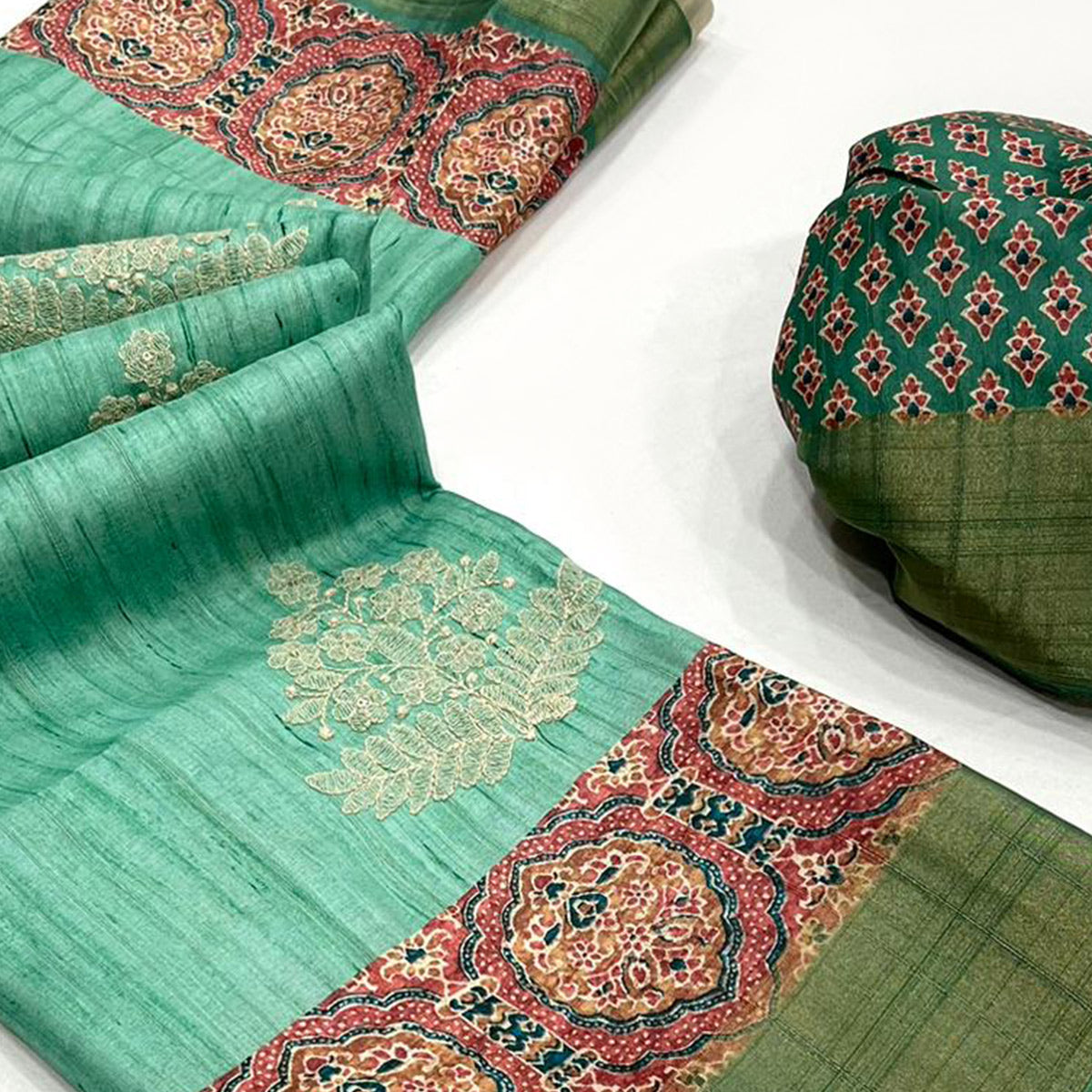 Embroidered Floral Sea Green Khaadi Saree with Ethnic Weaving Border