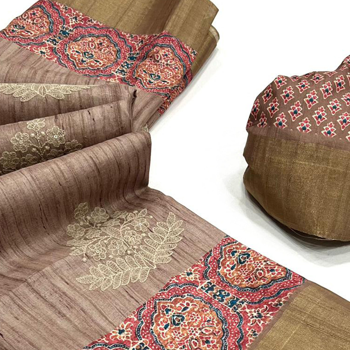 Embroidered Floral Beige Khaadi Saree with Ethnic Weaving Border
