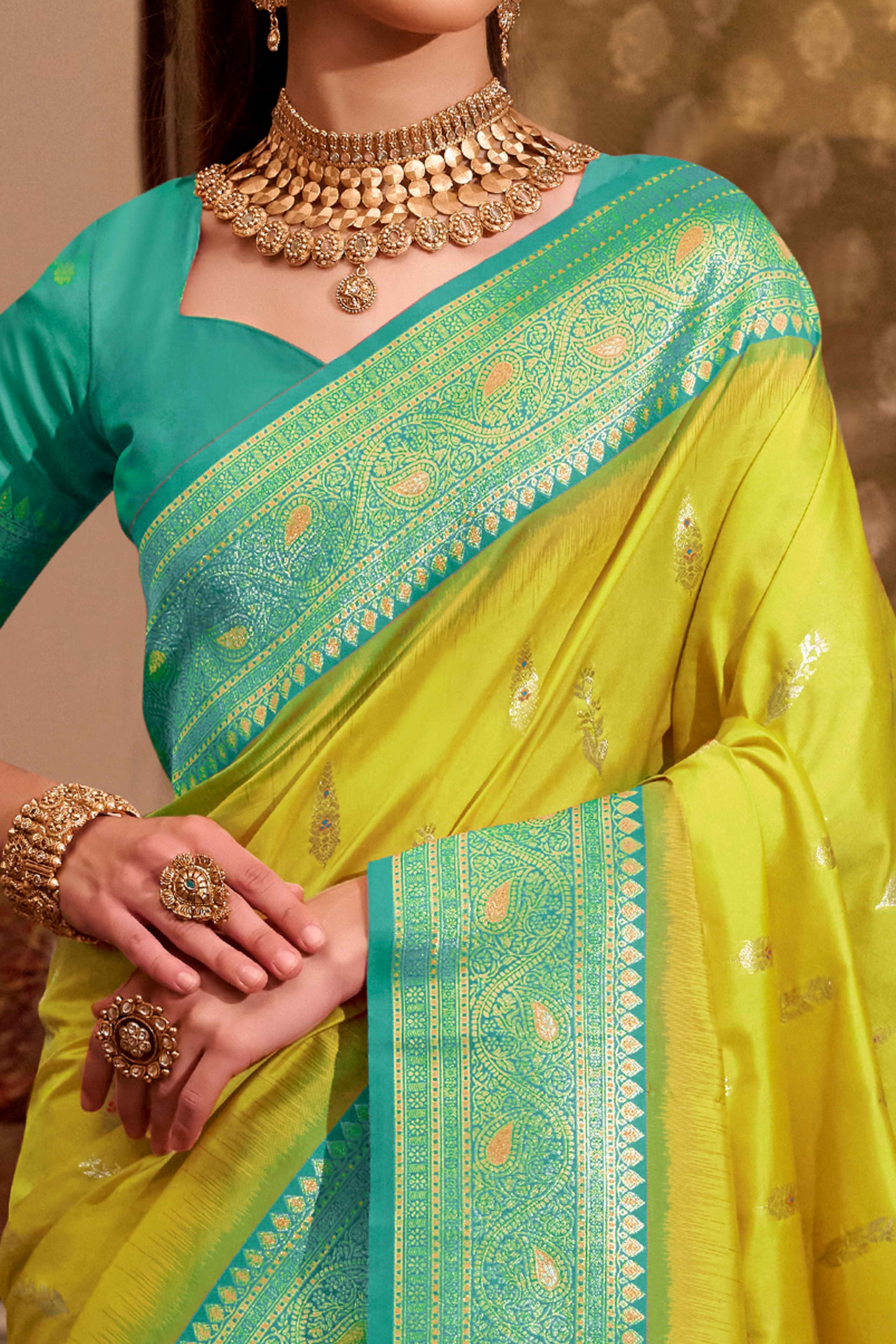 Lime Yellow Pure Silk Saree With Intricate Floral Zari Weaving Work