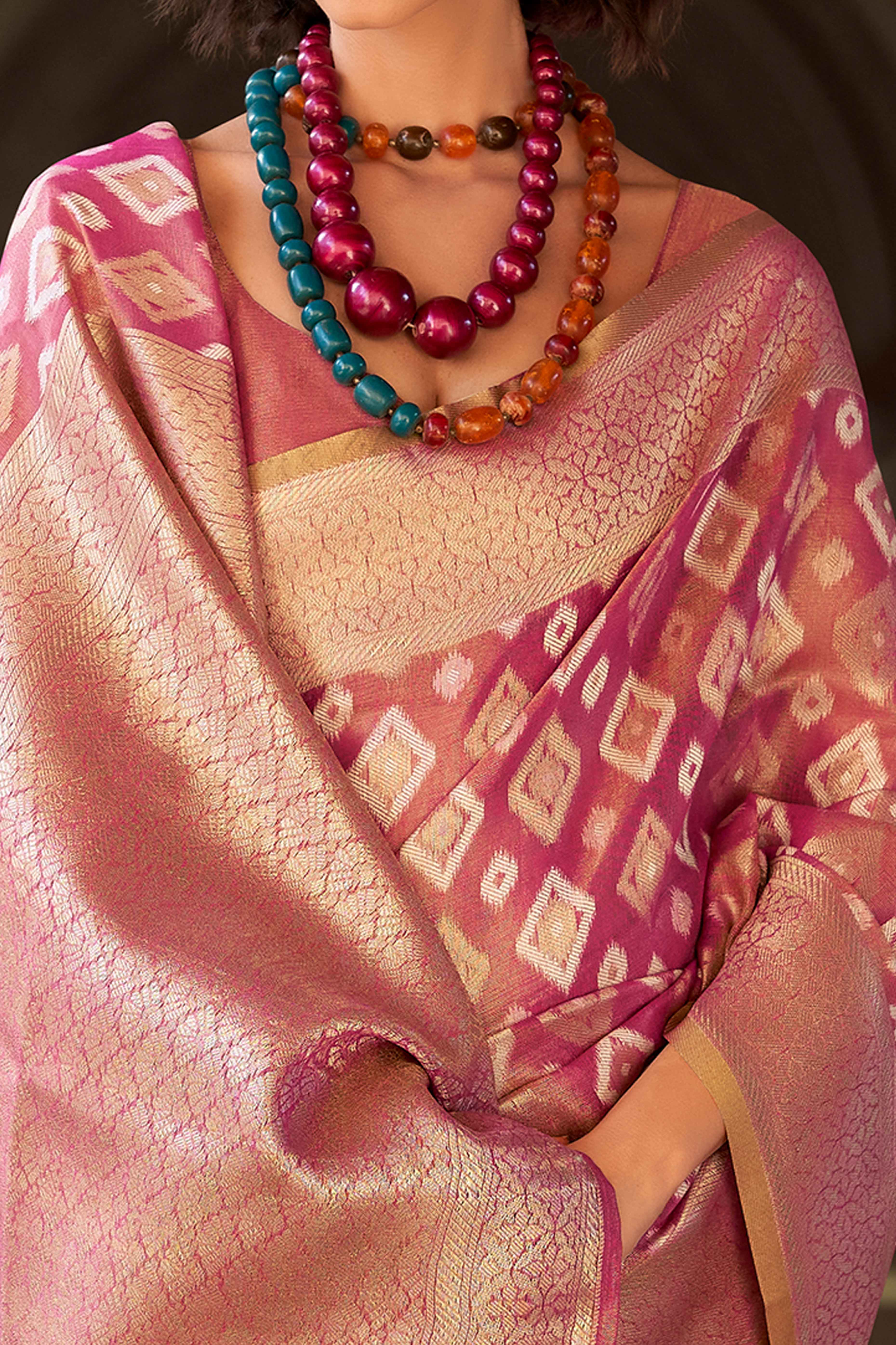 Magenta Geometric Pattern Woven Tissue Silk Saree