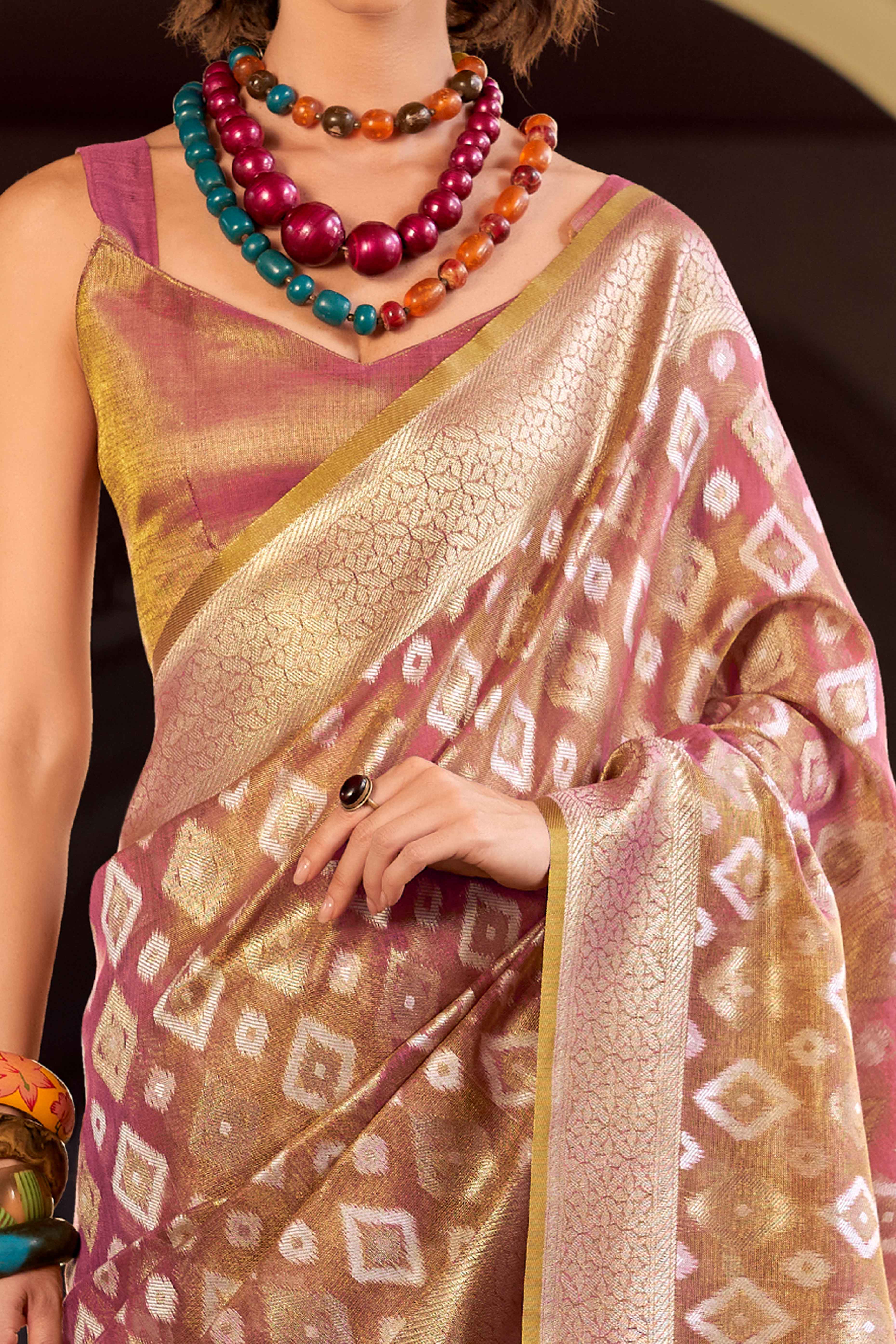 Mauve Geometric Pattern Woven Tissue Silk Saree