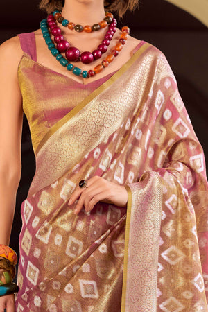 Mauve Geometric Pattern Woven Tissue Silk Saree