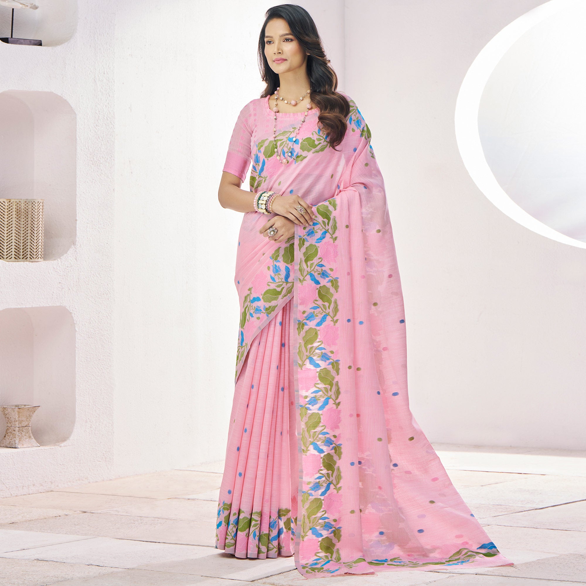 Pink Floral Woven Cotton Silk Saree