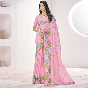 Pink Floral Woven Cotton Silk Saree