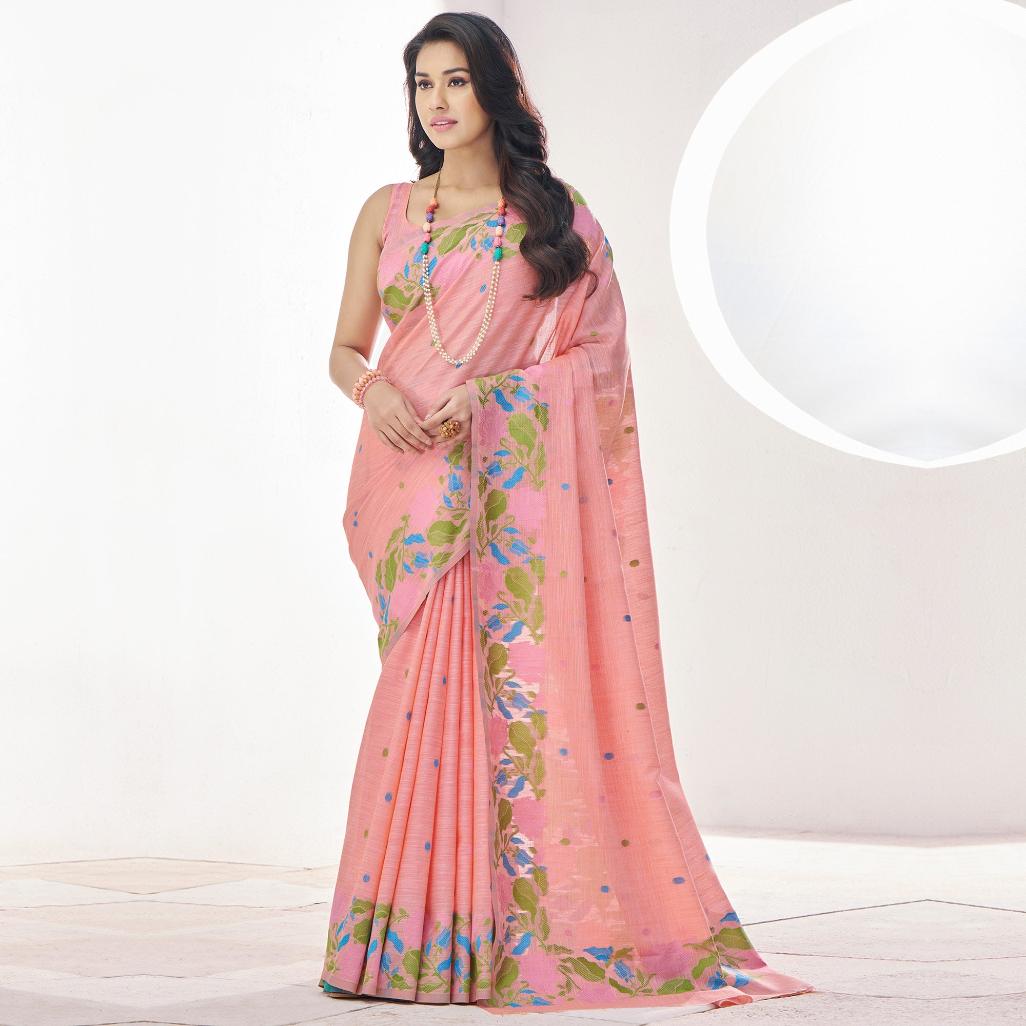 Peach Floral Woven Cotton Silk Saree