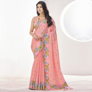 Peach Floral Woven Cotton Silk Saree