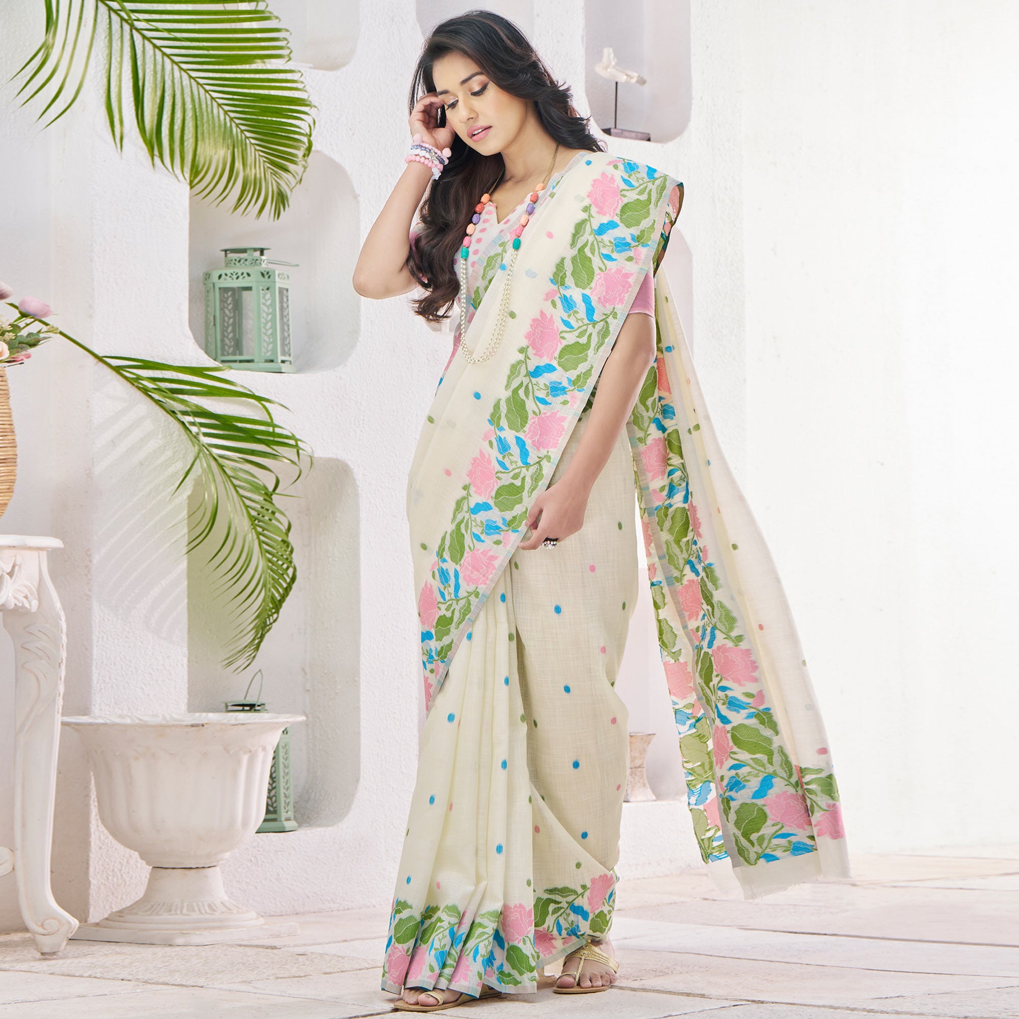 Off White Floral Woven Cotton Silk Saree