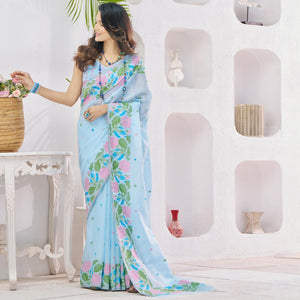 Blue Floral Woven Cotton Silk Saree