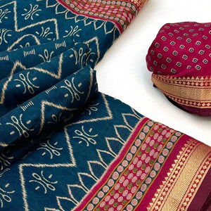 Comfortable Teal Mulmul Cotton Saree with Modern Zig Zag Design