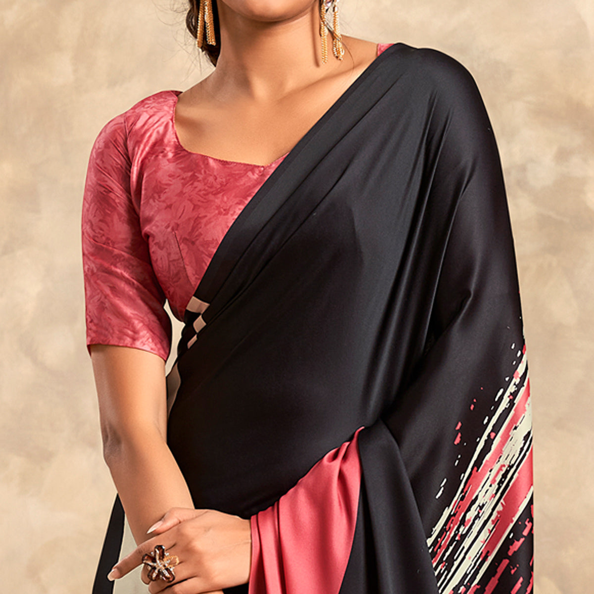Black Abstract Printed Satin Saree