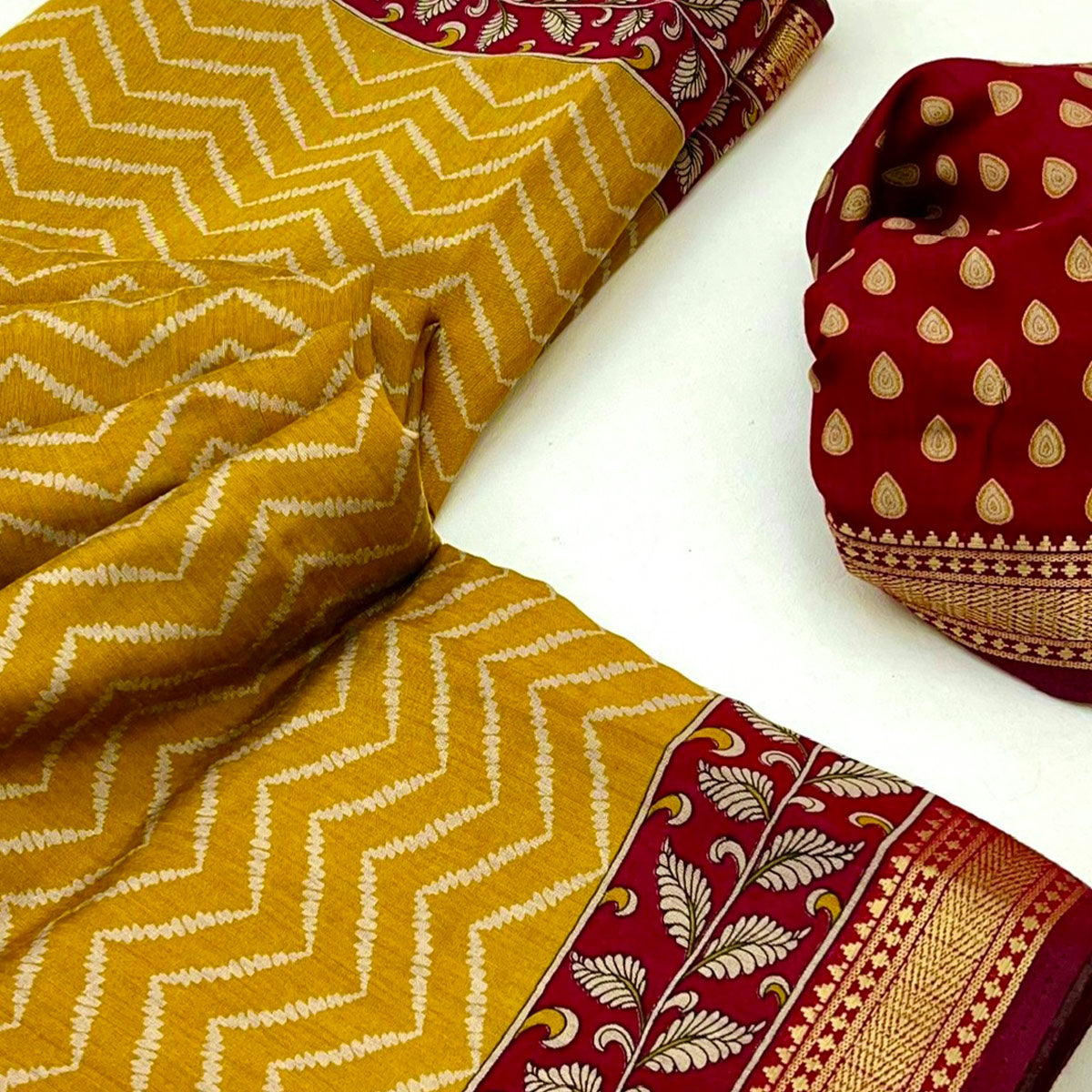 Mustard Mulmul Cotton Saree with Geometric Zig-Zag Design and Zari Trim