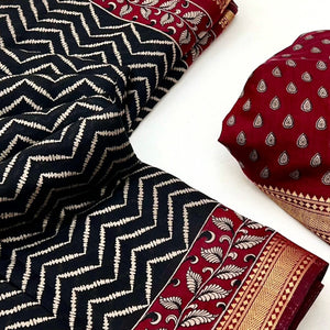 Black Mulmul Cotton Saree with Geometric Zig-Zag Design and Zari Trim