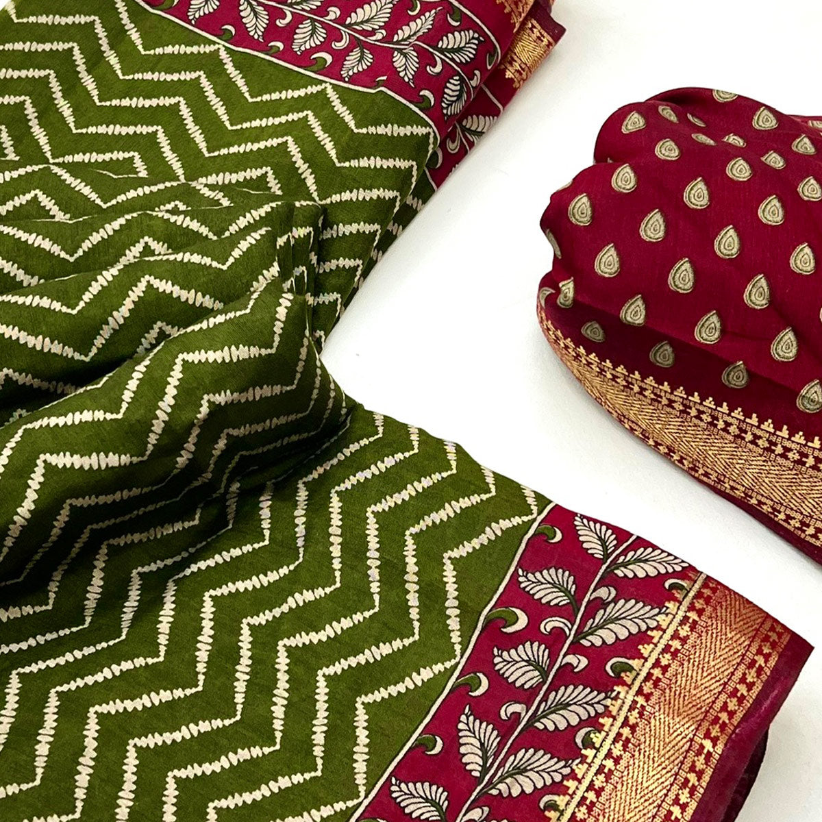 Green Mulmul Cotton Saree with Geometric Zig-Zag Design and Zari Trim